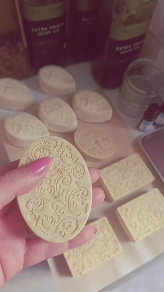 Oval shaped Rose & Lavender infused hand and body natural olive oil soap